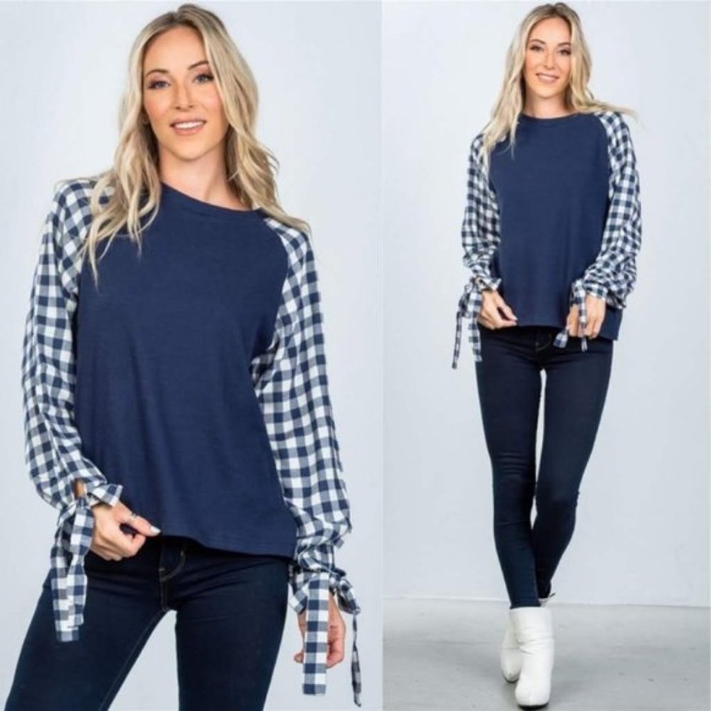 Gingham & Solid Ribbed Long Sleeve Tie Detail Boxy Pullover Top Blue Small